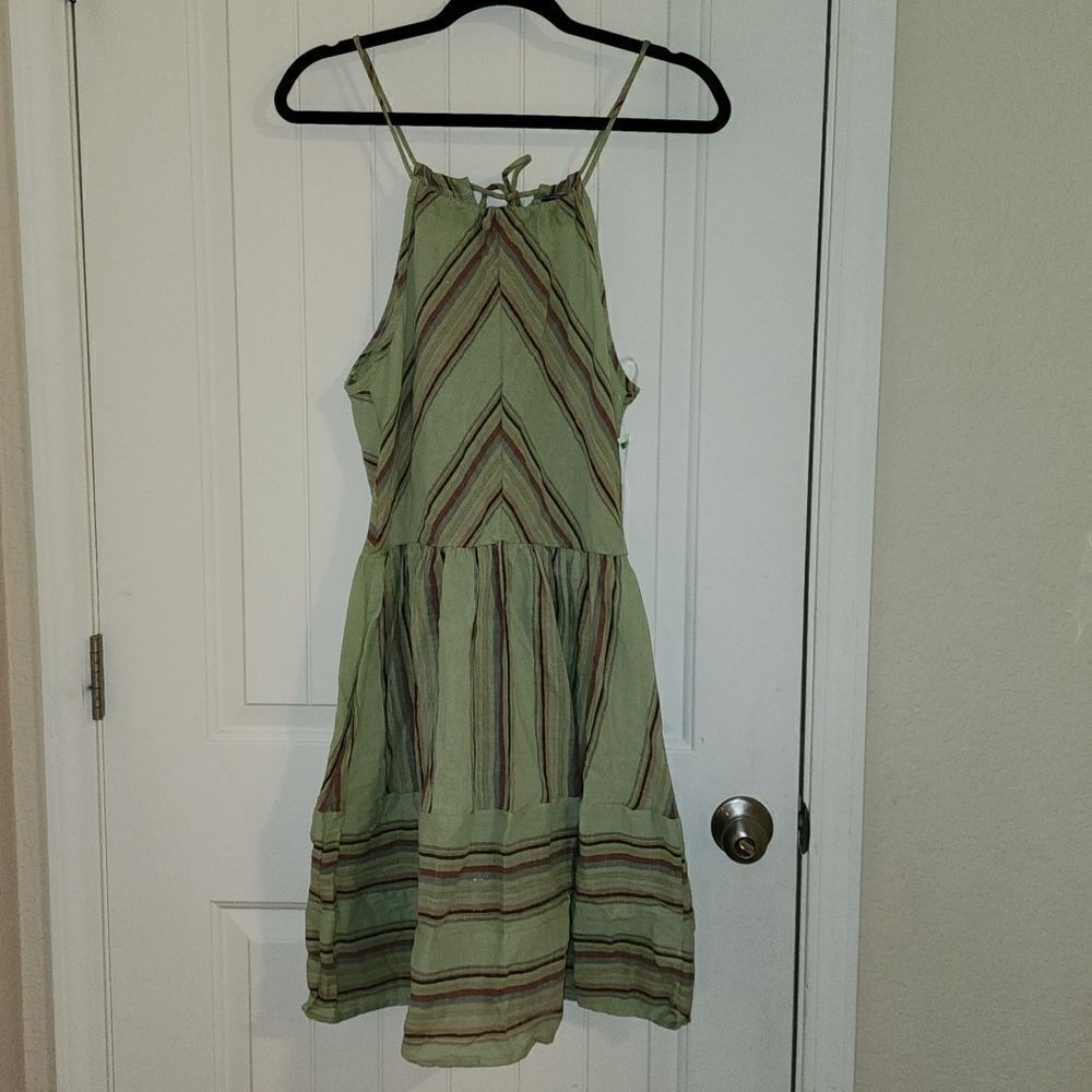 Lunachix Womens Green Striped Halter Neck Mini Dress Large NWT